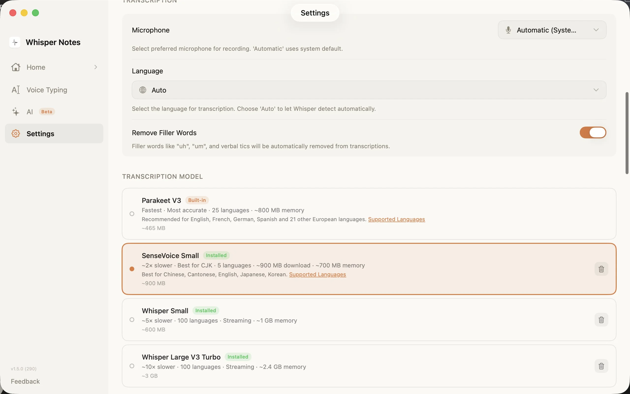 Choose between Parakeet V3, Whisper, and SenseVoice transcription models in Whisper Notes