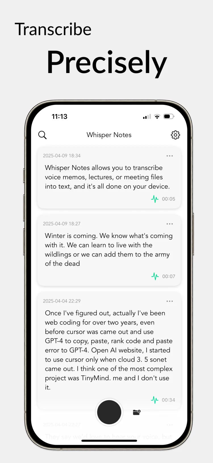 100% Offline - WhisperNotes app interface